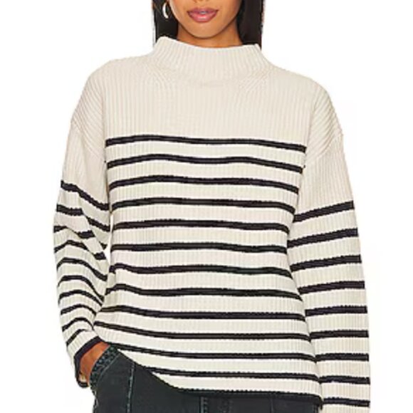Rails Claudia Stripe Sweater Medium Mock Neck Ribbed Pullover knit Cream Navy - Picture 9 of 13